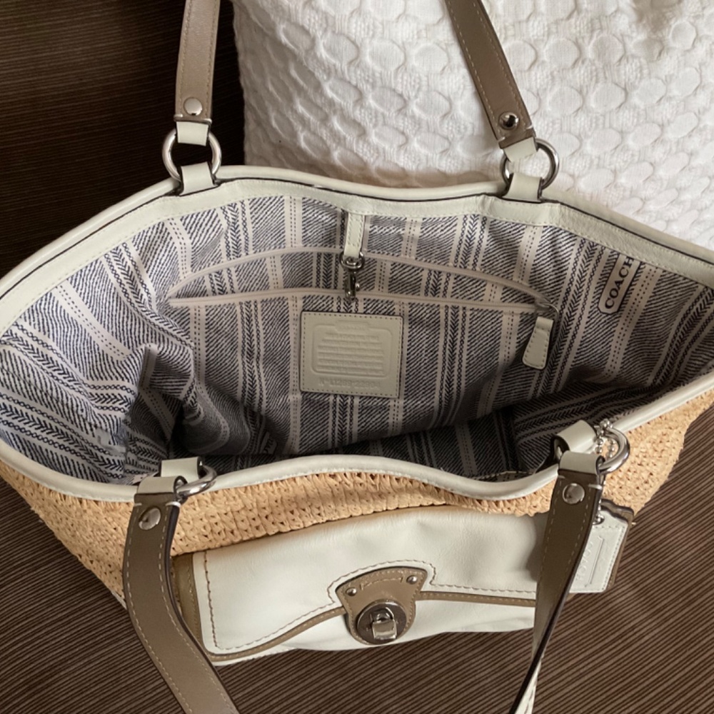 Coach Tan Straw Tote with Cream and Taupe Leather Trim - Picture 7 of 9